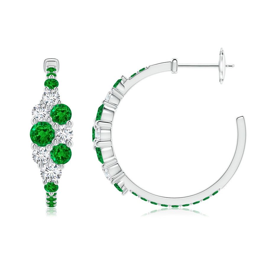 4mm AAAA Emerald & Diamond Cluster Asymmetrical Hoop Earrings in White Gold side 199