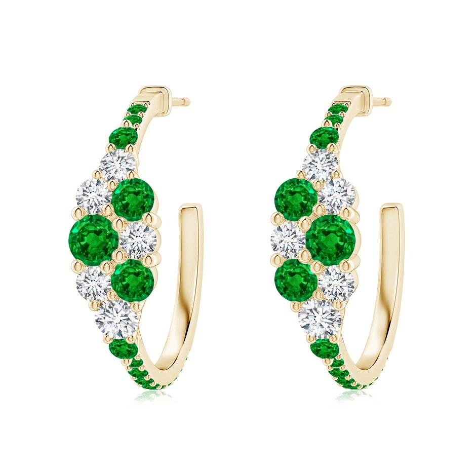 4mm AAAA Emerald & Diamond Cluster Asymmetrical Hoop Earrings in Yellow Gold 
