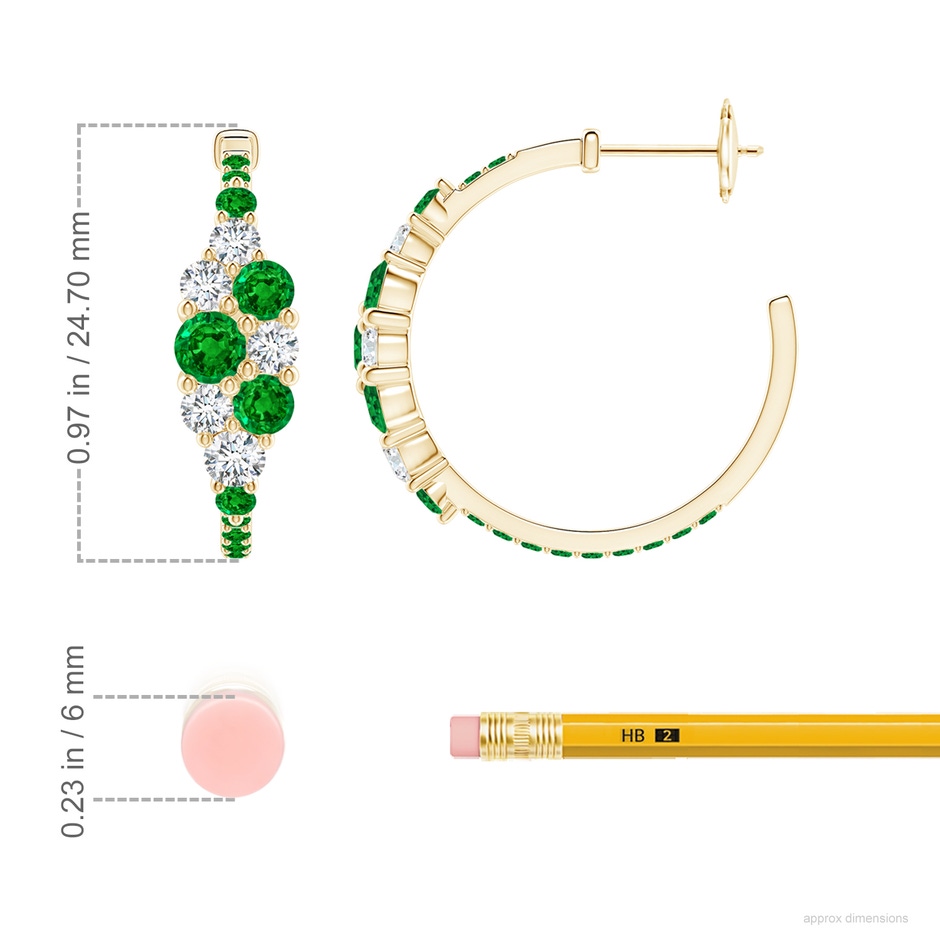 4mm AAAA Emerald & Diamond Cluster Asymmetrical Hoop Earrings in Yellow Gold ruler