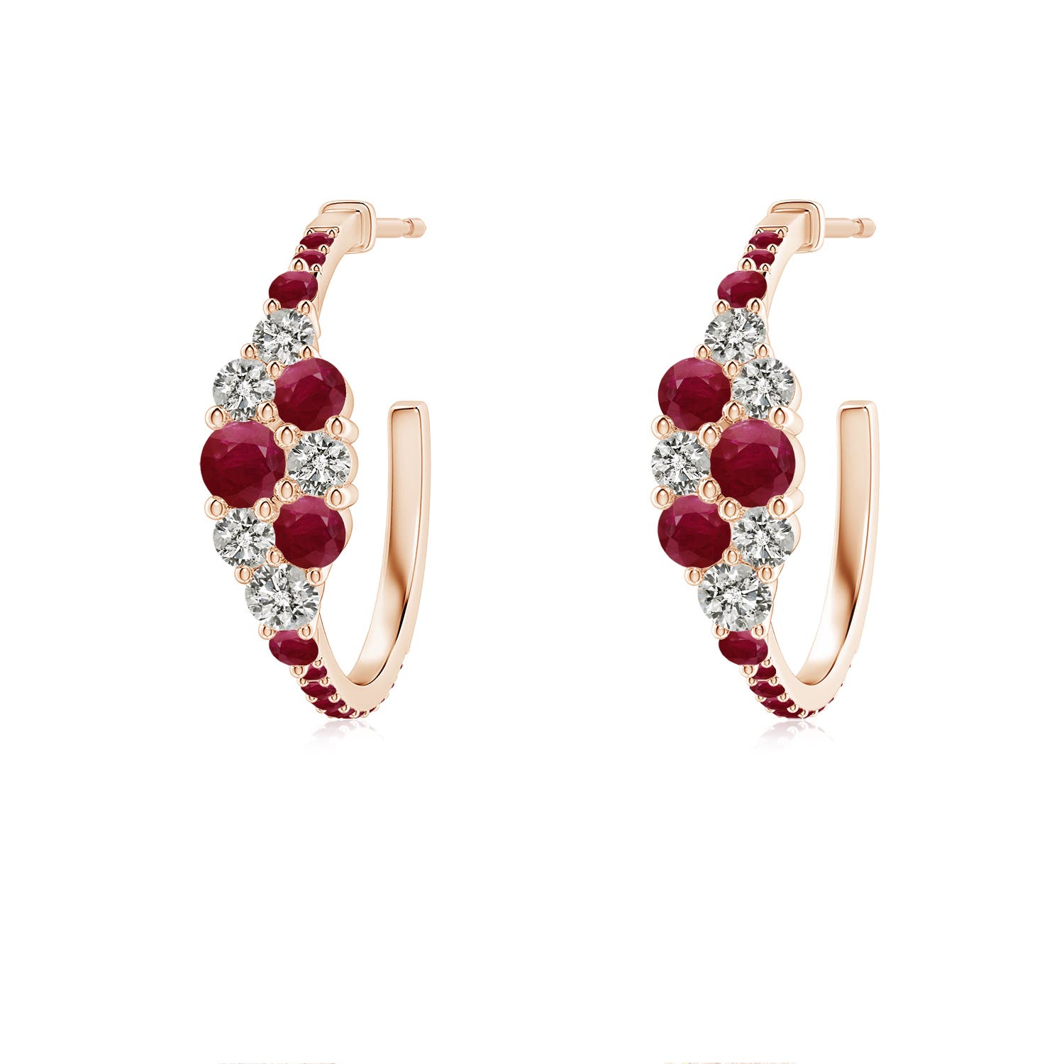 3.1mm A Ruby & Diamond Cluster Asymmetrical Hoop Earrings in Rose Gold