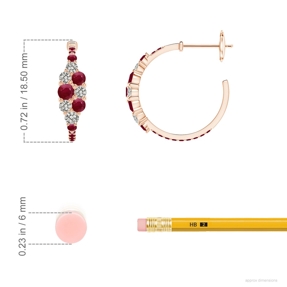 3.1mm A Ruby & Diamond Cluster Asymmetrical Hoop Earrings in Rose Gold ruler