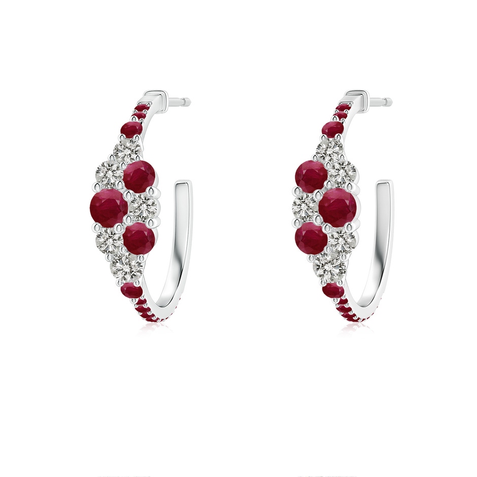 3.1mm A Ruby & Diamond Cluster Asymmetrical Hoop Earrings in White Gold 