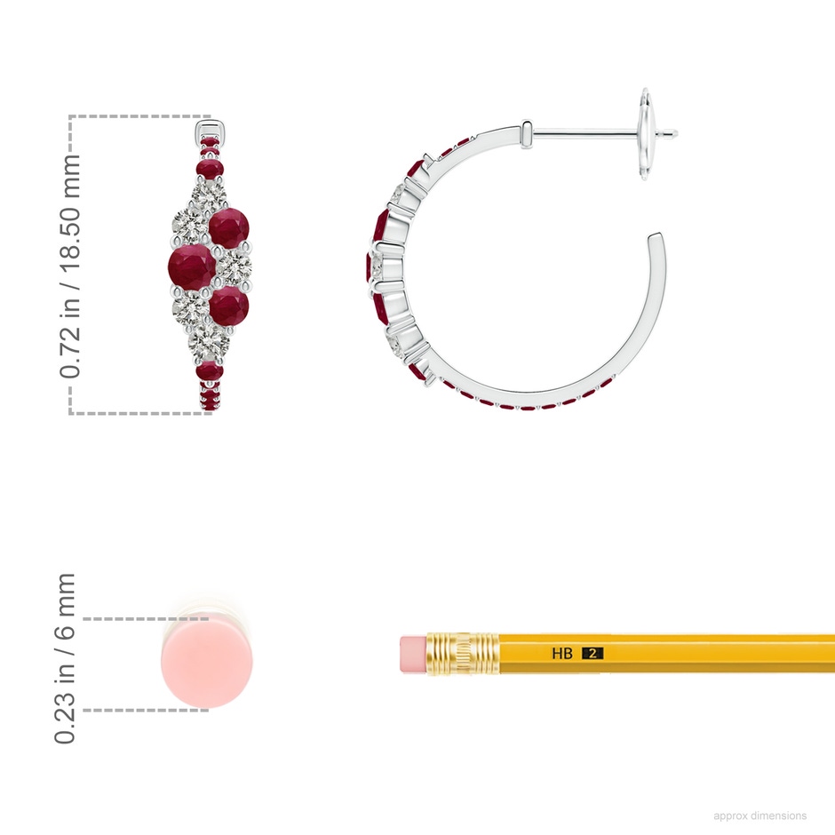 3.1mm A Ruby & Diamond Cluster Asymmetrical Hoop Earrings in White Gold ruler