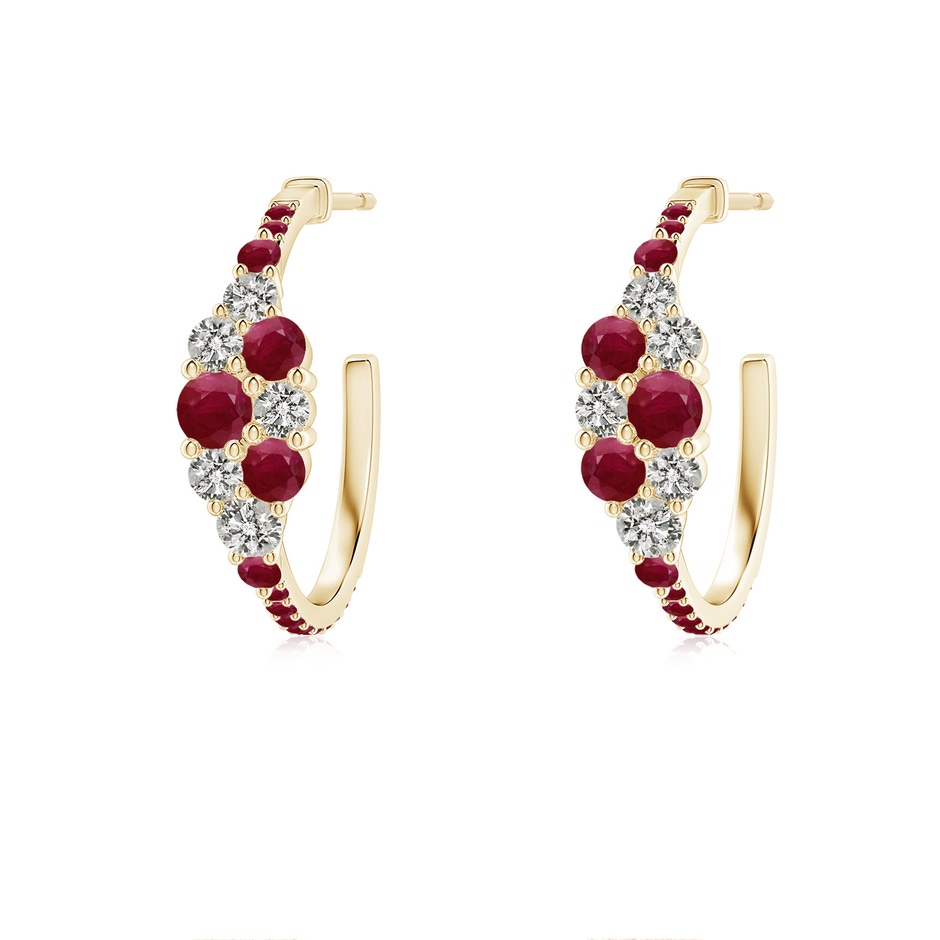 3.1mm A Ruby & Diamond Cluster Asymmetrical Hoop Earrings in Yellow Gold 