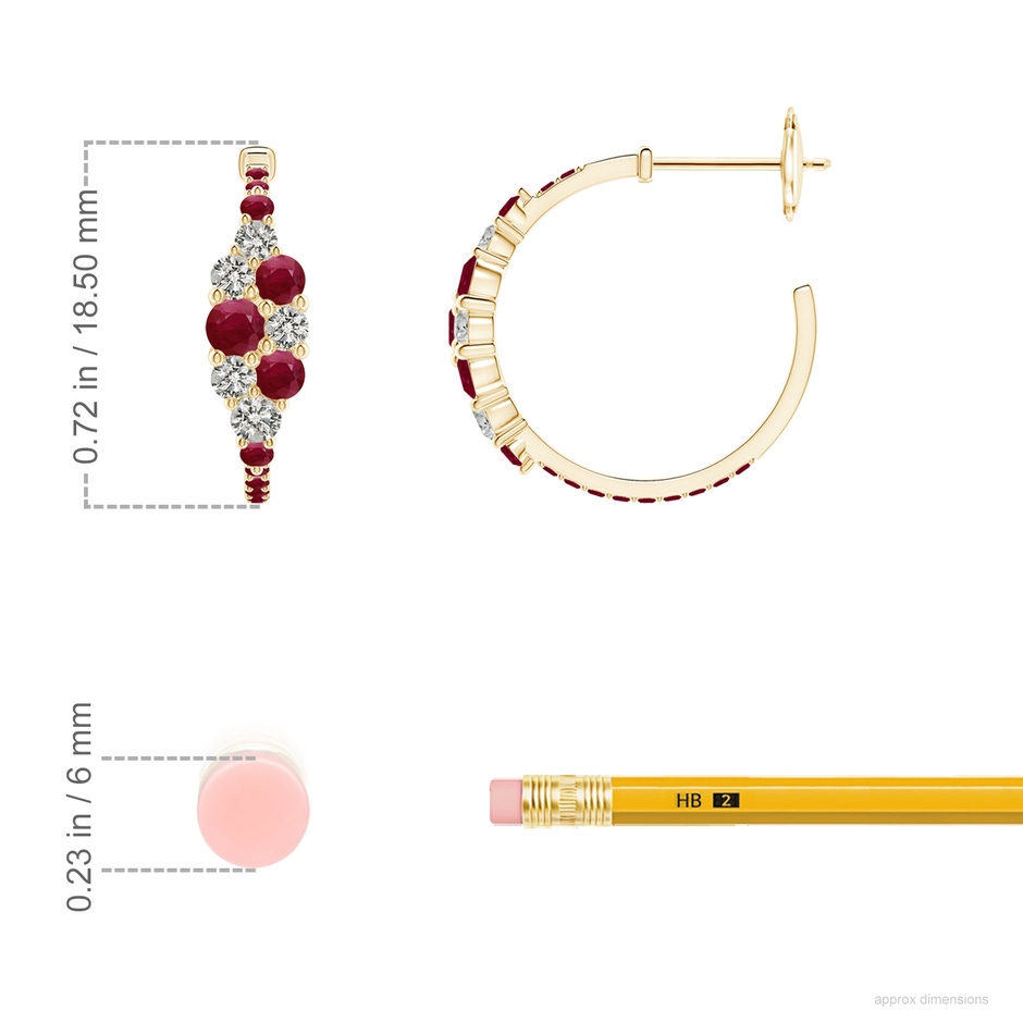 3.1mm A Ruby & Diamond Cluster Asymmetrical Hoop Earrings in Yellow Gold ruler