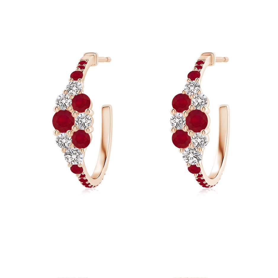 3.1mm AA Ruby & Diamond Cluster Asymmetrical Hoop Earrings in Rose Gold 