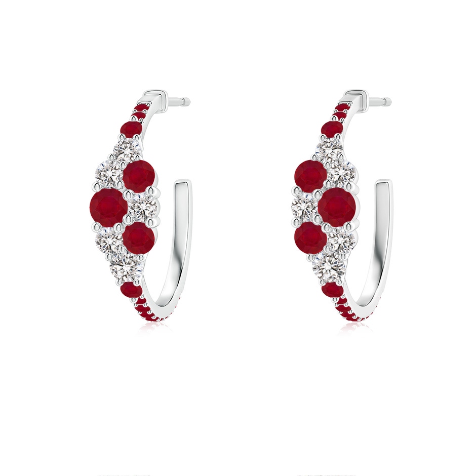 3.1mm AA Ruby & Diamond Cluster Asymmetrical Hoop Earrings in White Gold 