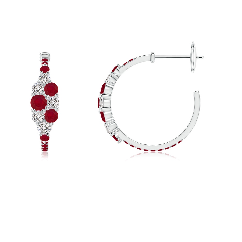 3.1mm AA Ruby & Diamond Cluster Asymmetrical Hoop Earrings in White Gold side 199