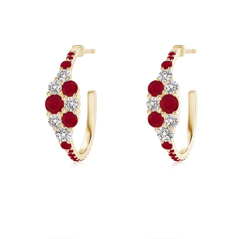 3.1mm AA Ruby & Diamond Cluster Asymmetrical Hoop Earrings in Yellow Gold 