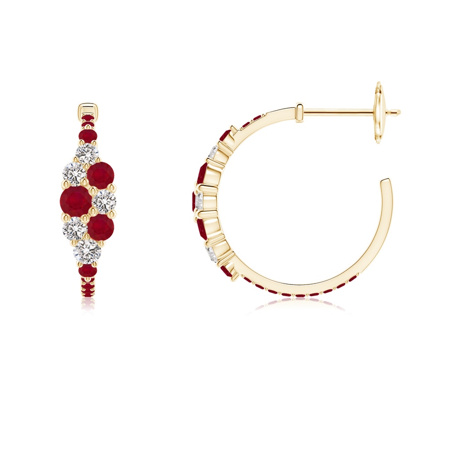 3.1mm AA Ruby & Diamond Cluster Asymmetrical Hoop Earrings in Yellow Gold side 199