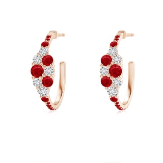 3.1mm AAA Ruby & Diamond Clustre Asymmetrical Hoop Earrings in Rose Gold