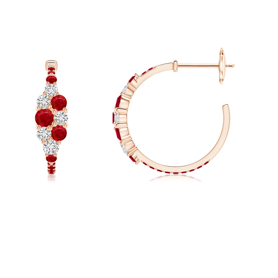 3.1mm AAA Ruby & Diamond Clustre Asymmetrical Hoop Earrings in Rose Gold side 199