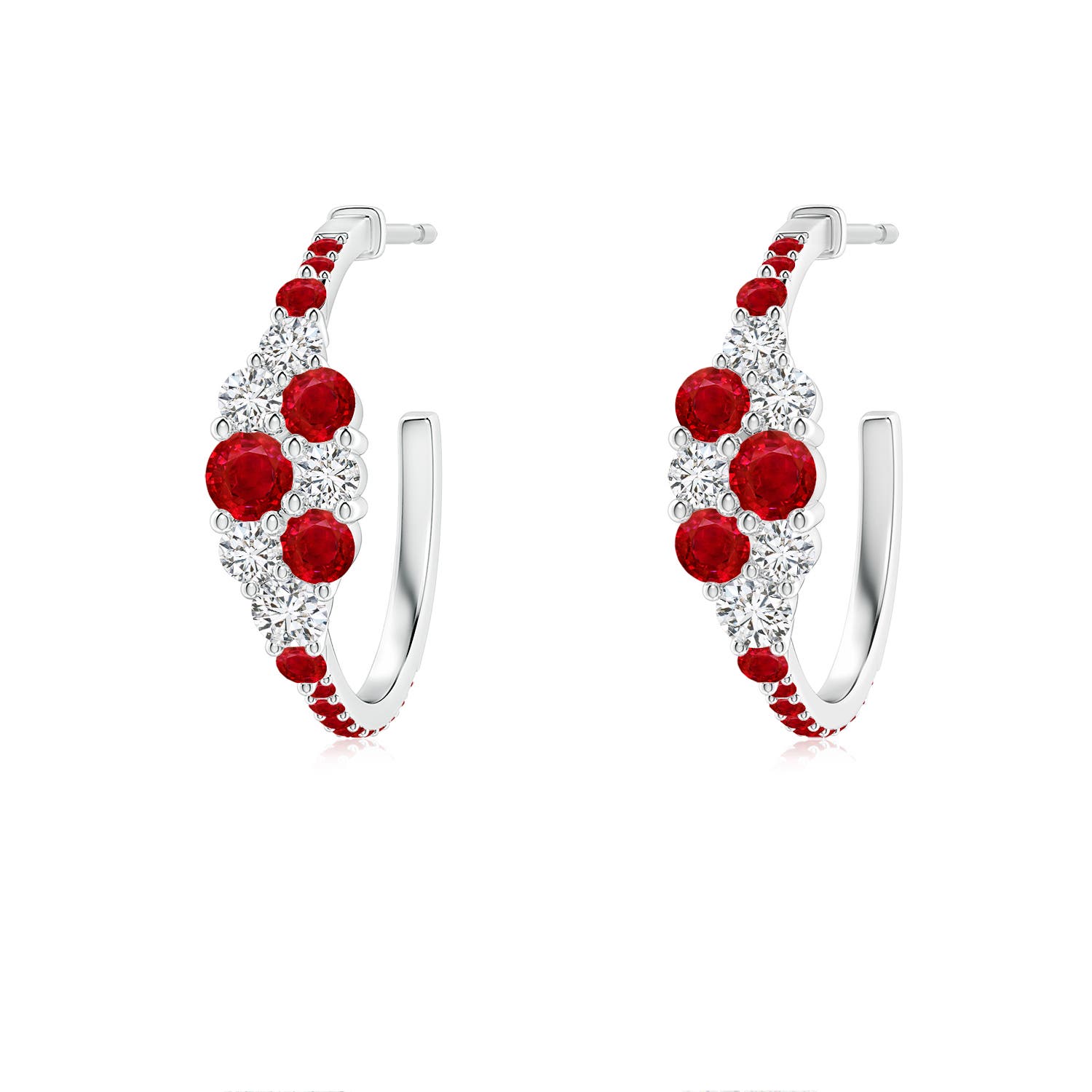 3.1mm AAA Ruby & Diamond Cluster Asymmetrical Hoop Earrings in S999 Silver