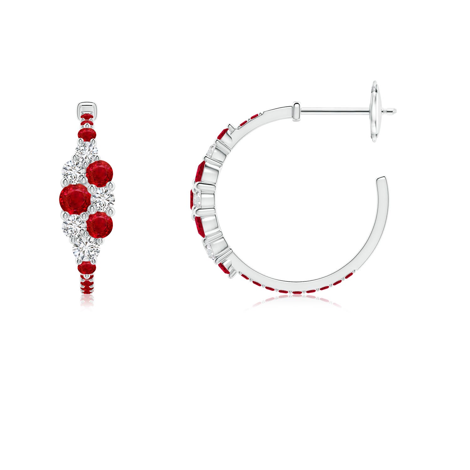 3.1mm AAA Ruby & Diamond Cluster Asymmetrical Hoop Earrings in White Gold