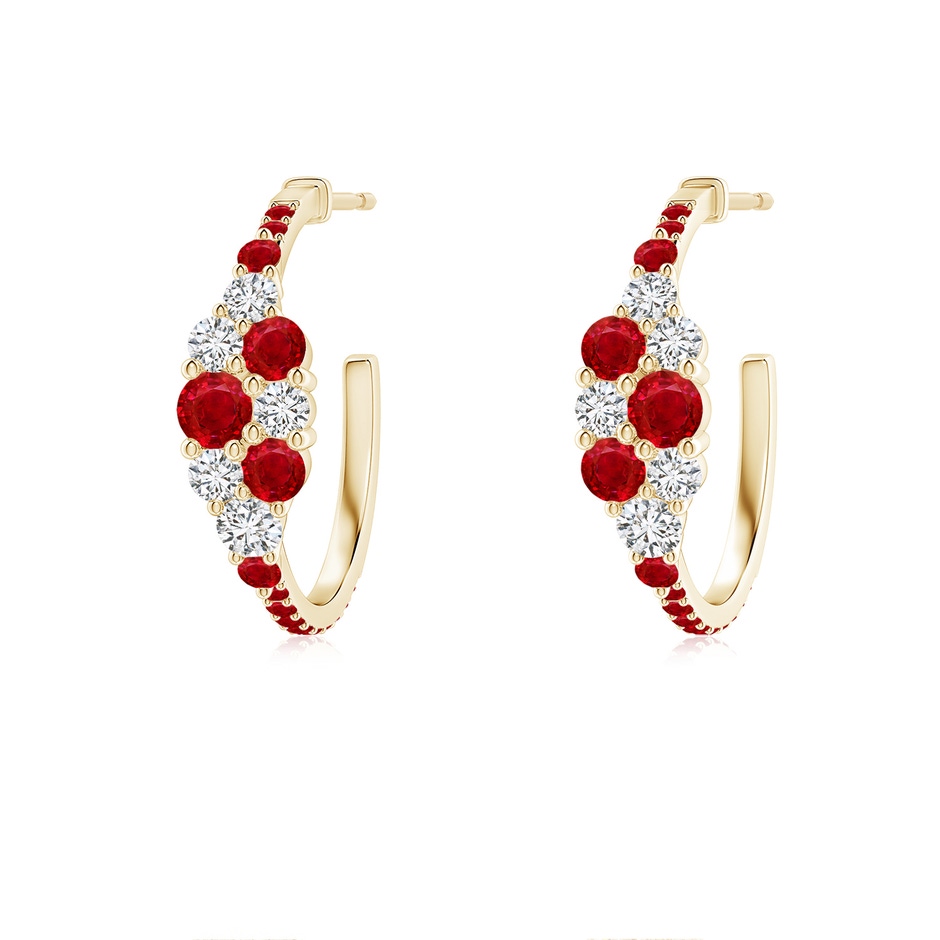 3.1mm AAA Ruby & Diamond Clustre Asymmetrical Hoop Earrings in Yellow Gold 