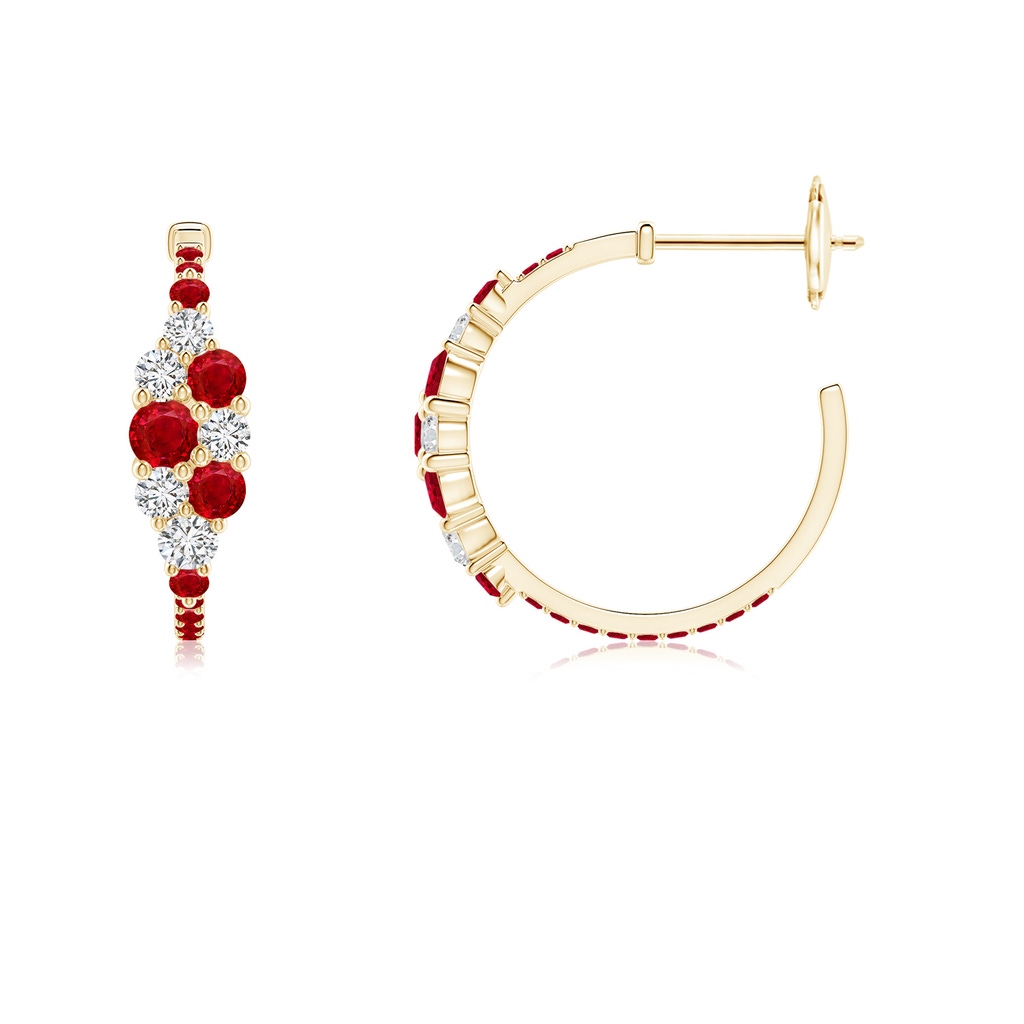 3.1mm AAA Ruby & Diamond Cluster Asymmetrical Hoop Earrings in Yellow Gold - side 199