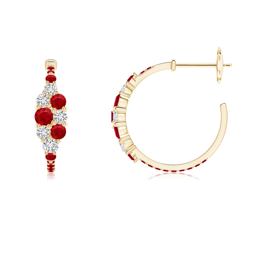 3.1mm AAA Ruby & Diamond Clustre Asymmetrical Hoop Earrings in Yellow Gold side 199