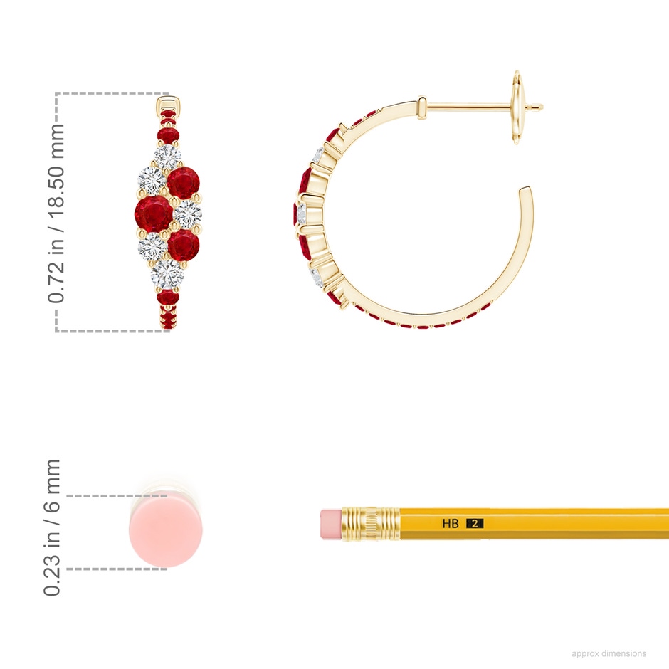 3.1mm AAA Ruby & Diamond Clustre Asymmetrical Hoop Earrings in Yellow Gold ruler