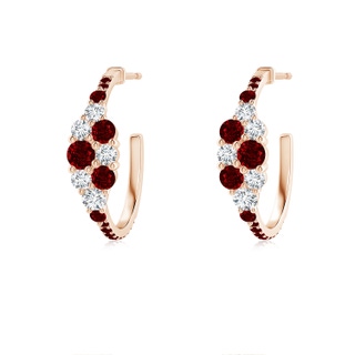 3.1mm AAAA Ruby & Diamond Clustre Asymmetrical Hoop Earrings in Rose Gold