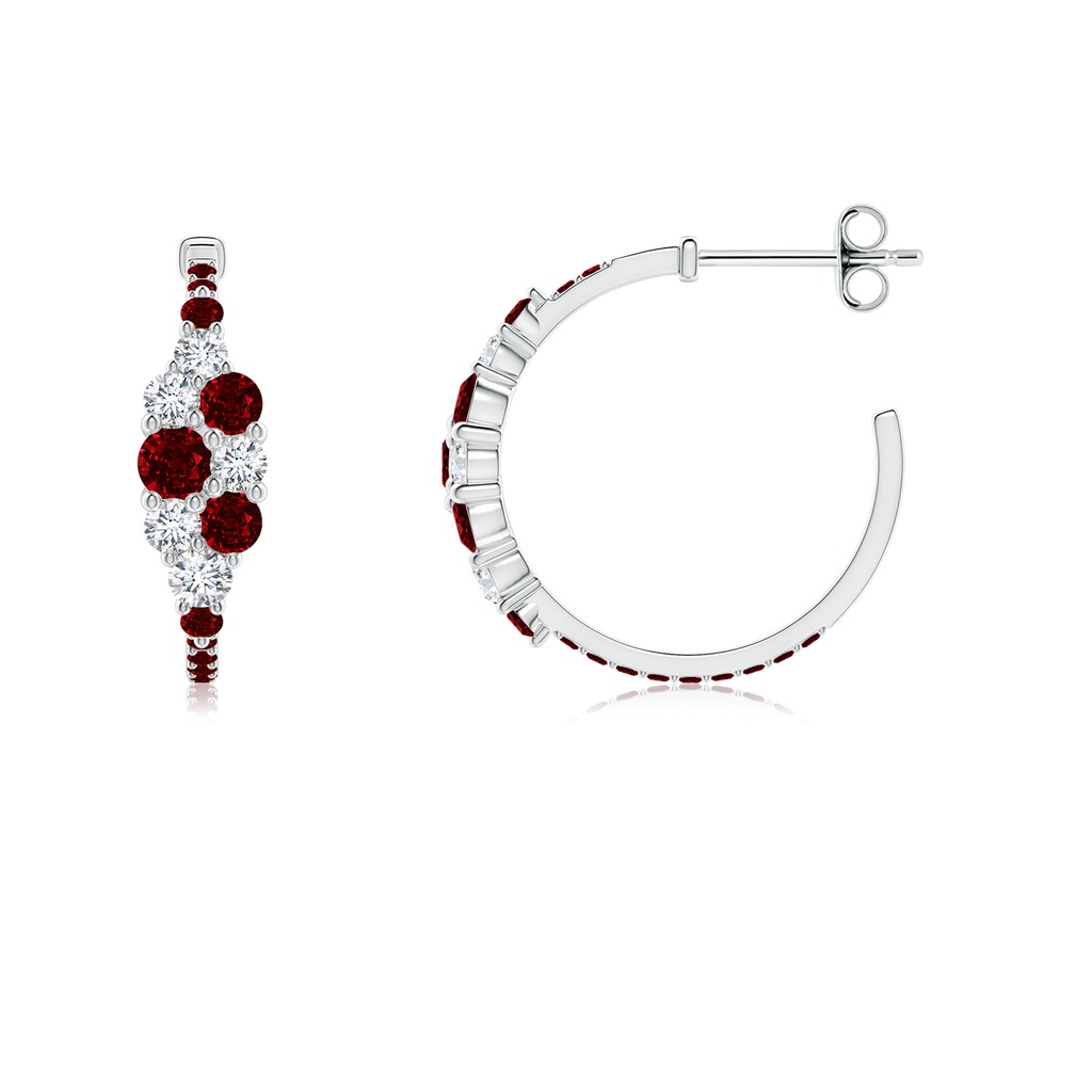 3.1mm AAAA Ruby & Diamond Clustre Asymmetrical Hoop Earrings in S999 Silver - side 199