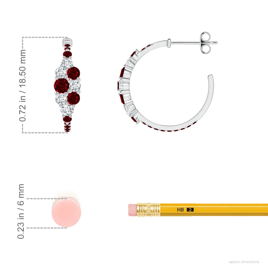 3.1mm AAAA Ruby & Diamond Cluster Asymmetrical Hoop Earrings in S999 Silver ruler