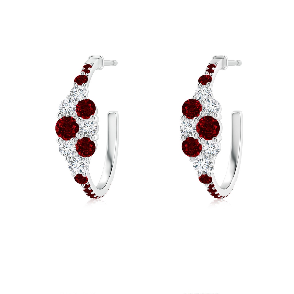 3.1mm AAAA Ruby & Diamond Cluster Asymmetrical Hoop Earrings in White Gold