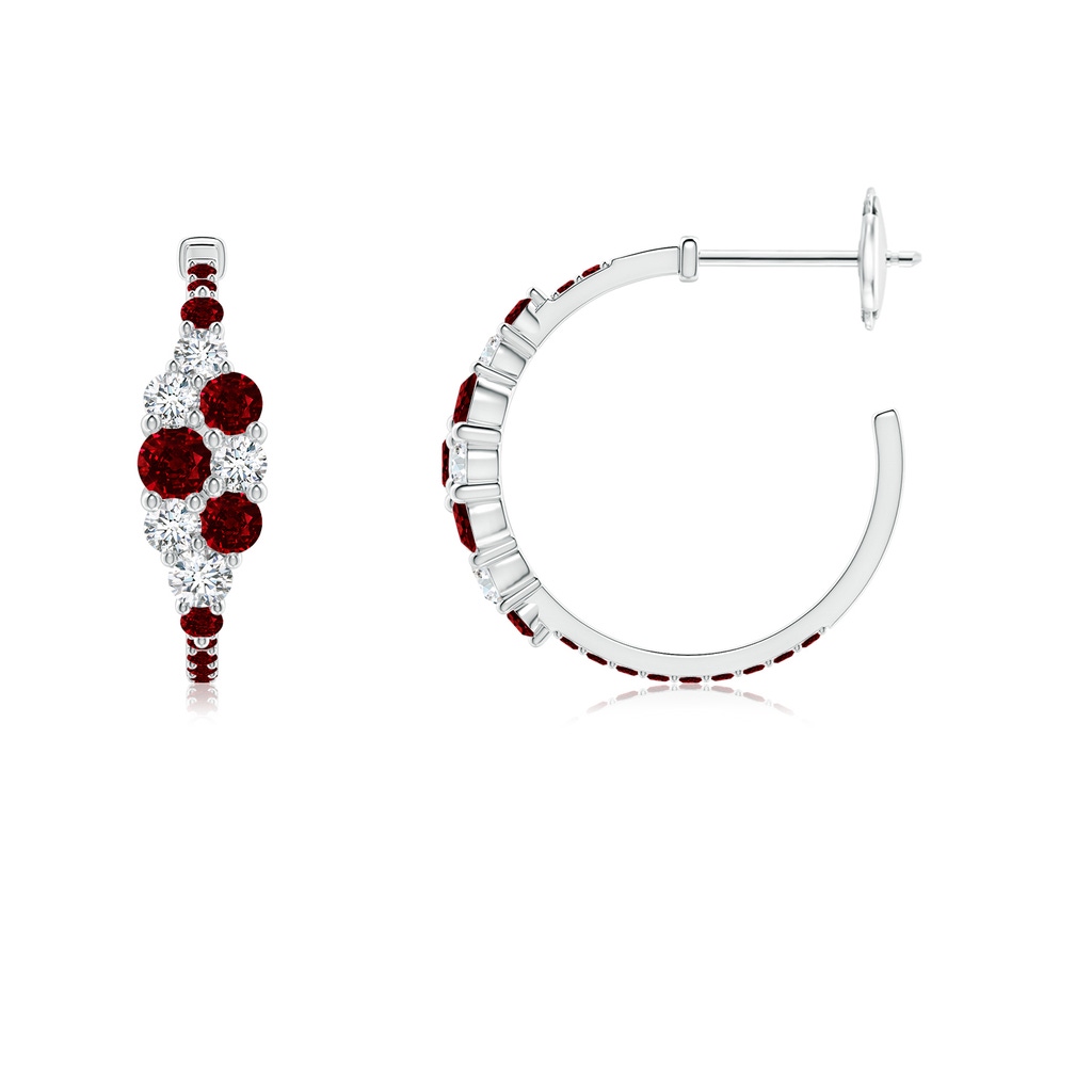 3.1mm AAAA Ruby & Diamond Clustre Asymmetrical Hoop Earrings in White Gold - side 199