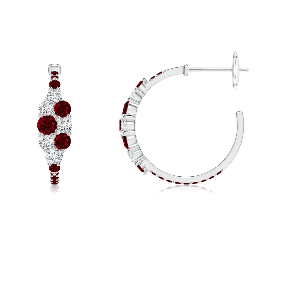 3.1mm AAAA Ruby & Diamond Cluster Asymmetrical Hoop Earrings in White Gold side 199