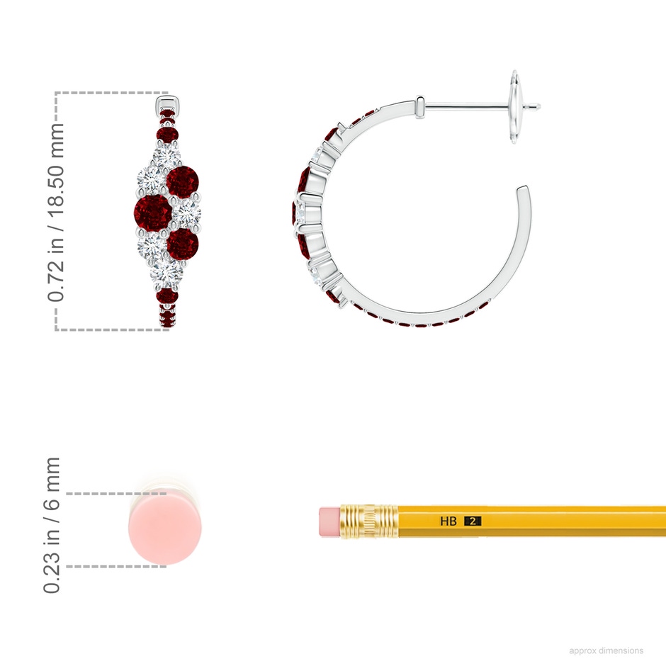 3.1mm AAAA Ruby & Diamond Cluster Asymmetrical Hoop Earrings in White Gold ruler