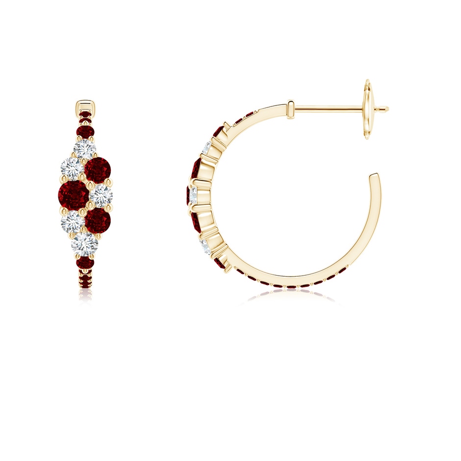3.1mm AAAA Ruby & Diamond Cluster Asymmetrical Hoop Earrings in Yellow Gold side 199