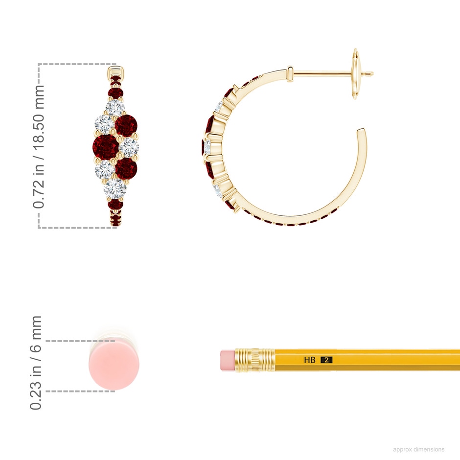 3.1mm AAAA Ruby & Diamond Cluster Asymmetrical Hoop Earrings in Yellow Gold ruler