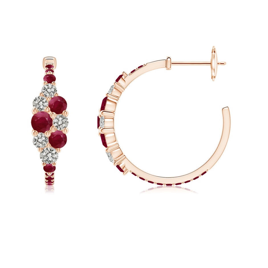 3.5mm A Ruby & Diamond Cluster Asymmetrical Hoop Earrings in Rose Gold side 199