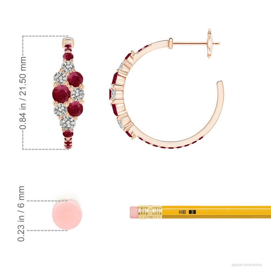 3.5mm A Ruby & Diamond Cluster Asymmetrical Hoop Earrings in Rose Gold ruler