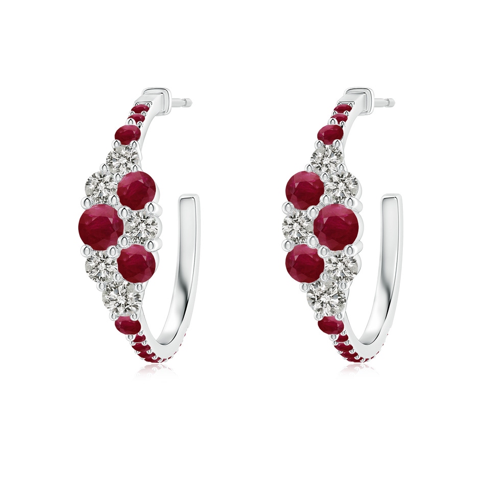 3.5mm A Ruby & Diamond Cluster Asymmetrical Hoop Earrings in White Gold 