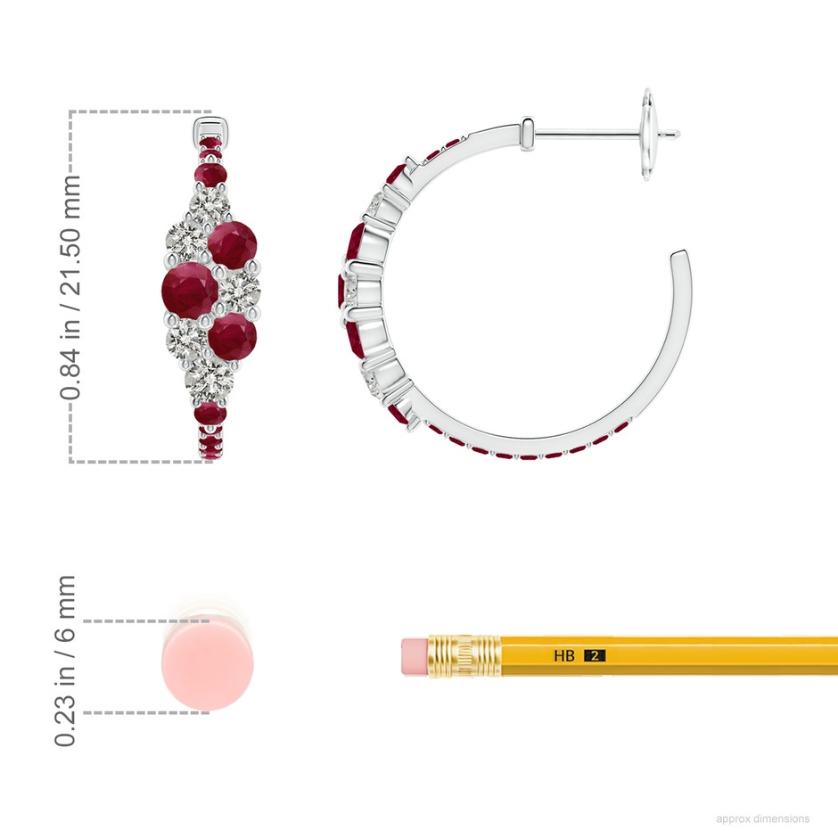 3.5mm A Ruby & Diamond Cluster Asymmetrical Hoop Earrings in White Gold ruler