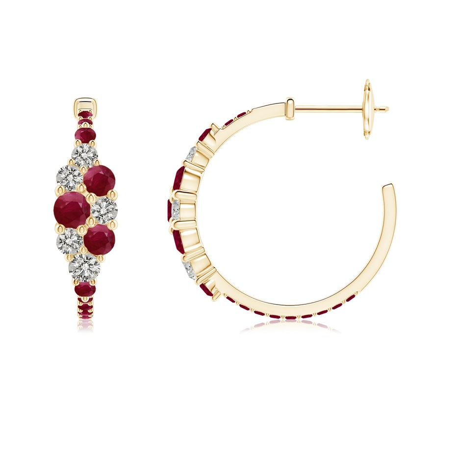 3.5mm A Ruby & Diamond Cluster Asymmetrical Hoop Earrings in Yellow Gold side 199