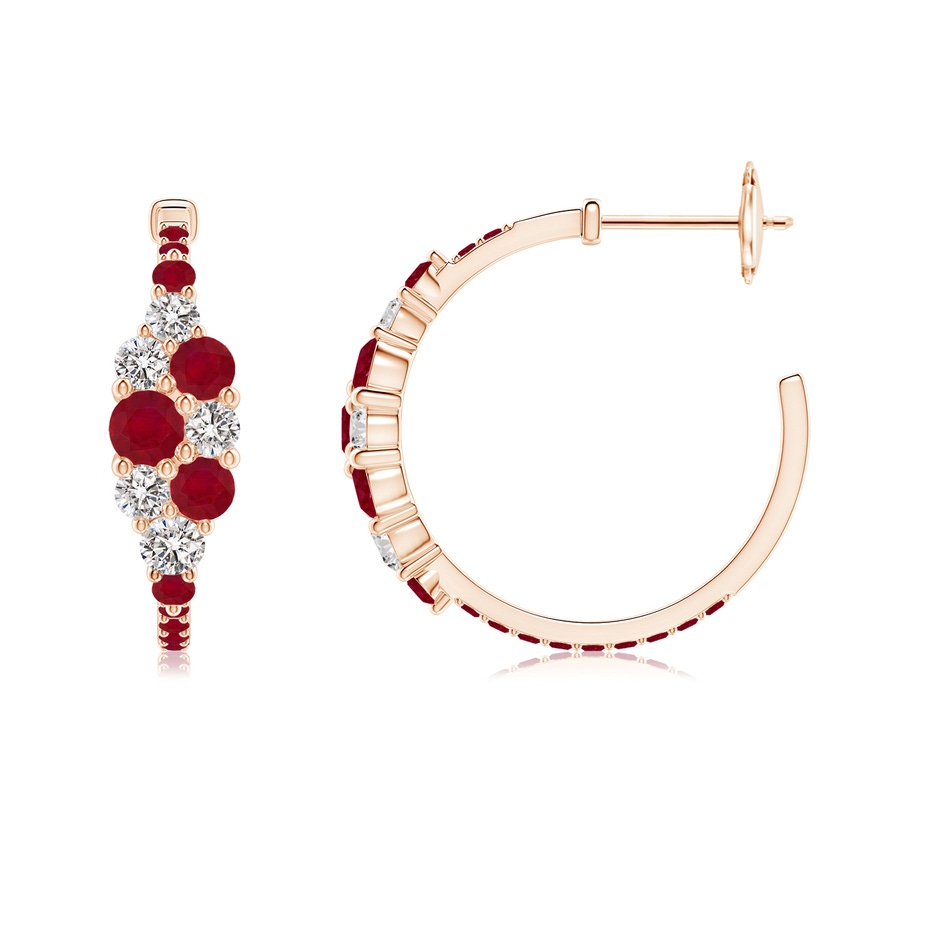 3.5mm AA Ruby & Diamond Cluster Asymmetrical Hoop Earrings in Rose Gold side 199