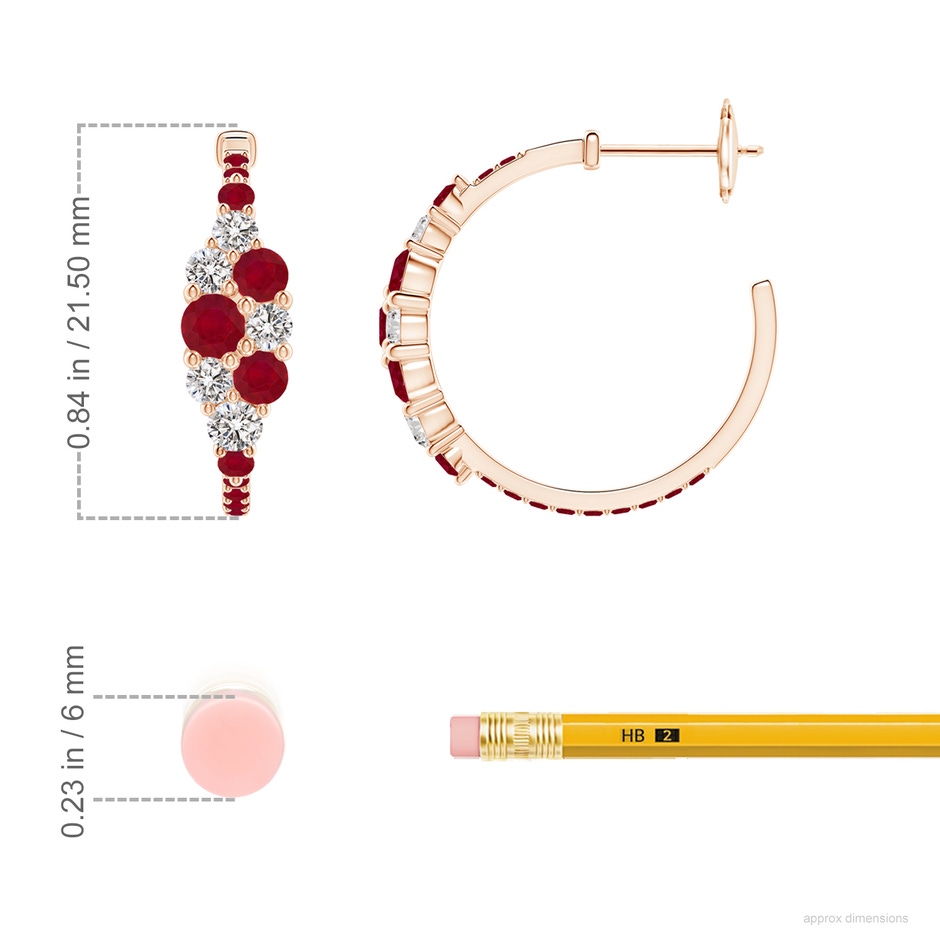 3.5mm AA Ruby & Diamond Cluster Asymmetrical Hoop Earrings in Rose Gold ruler