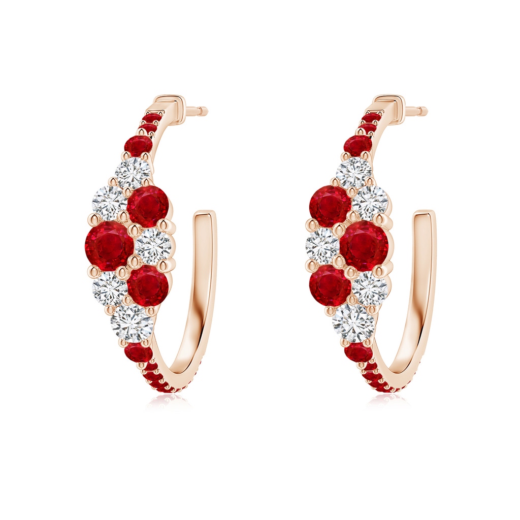 3.5mm AAA Ruby & Diamond Clustre Asymmetrical Hoop Earrings in Rose Gold