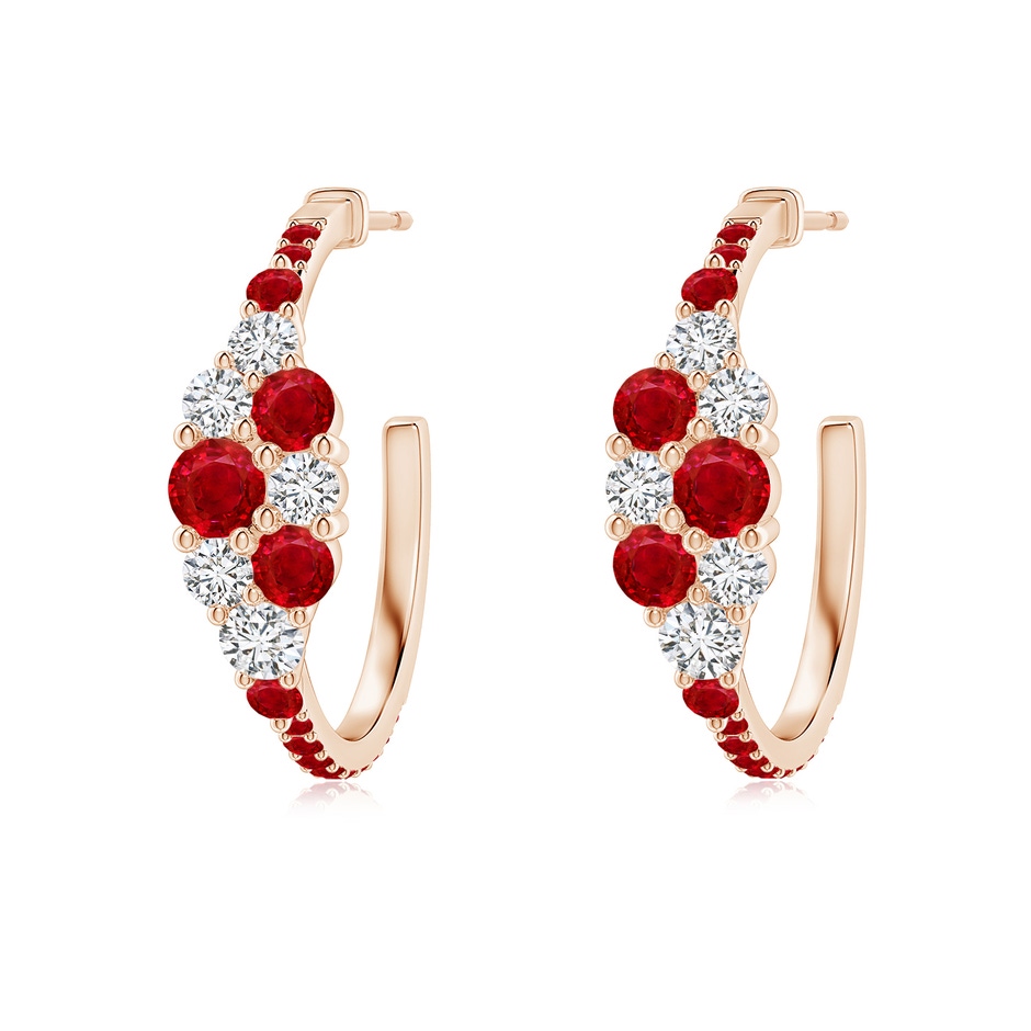 3.5mm AAA Ruby & Diamond Clustre Asymmetrical Hoop Earrings in Rose Gold 