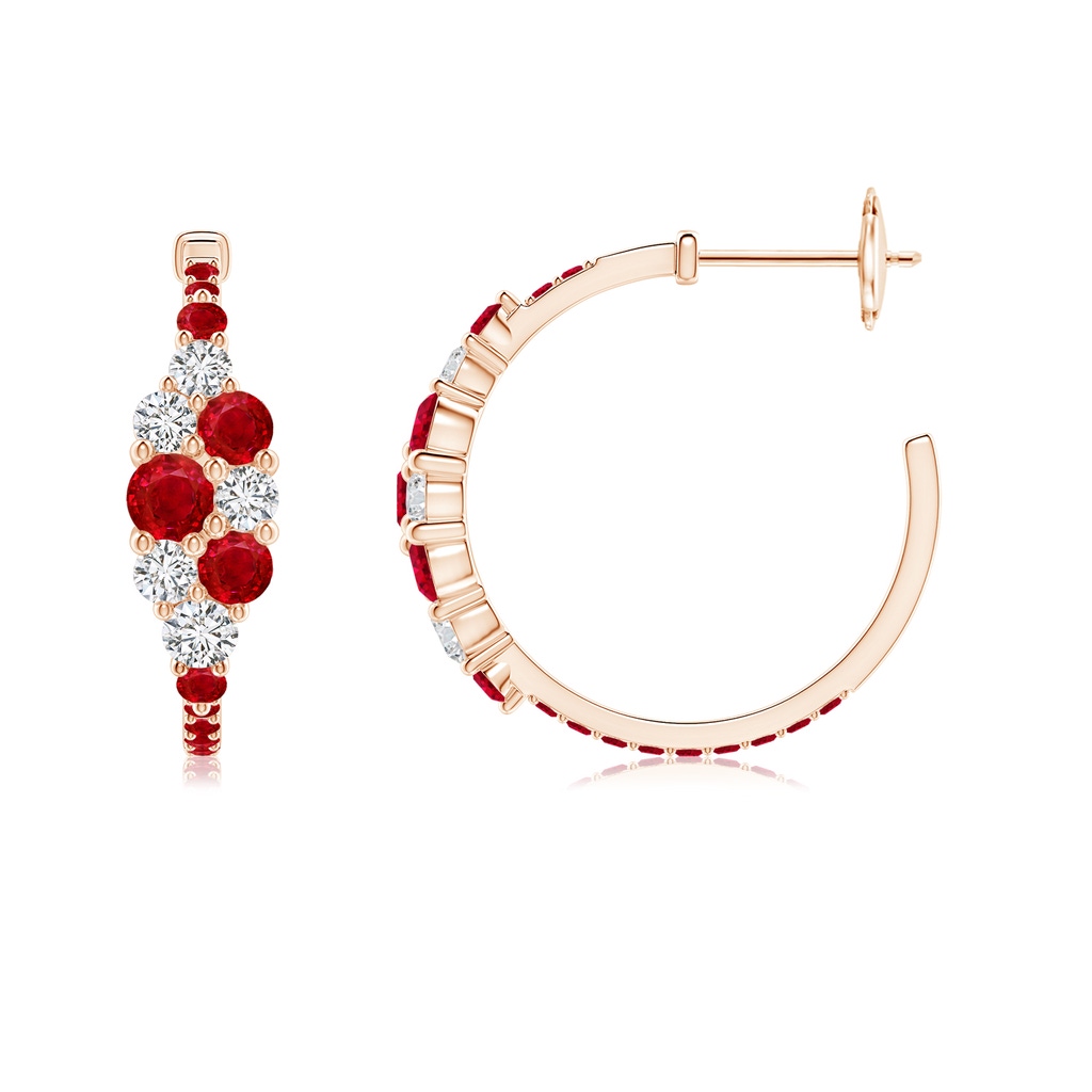 3.5mm AAA Ruby & Diamond Clustre Asymmetrical Hoop Earrings in Rose Gold - side 199