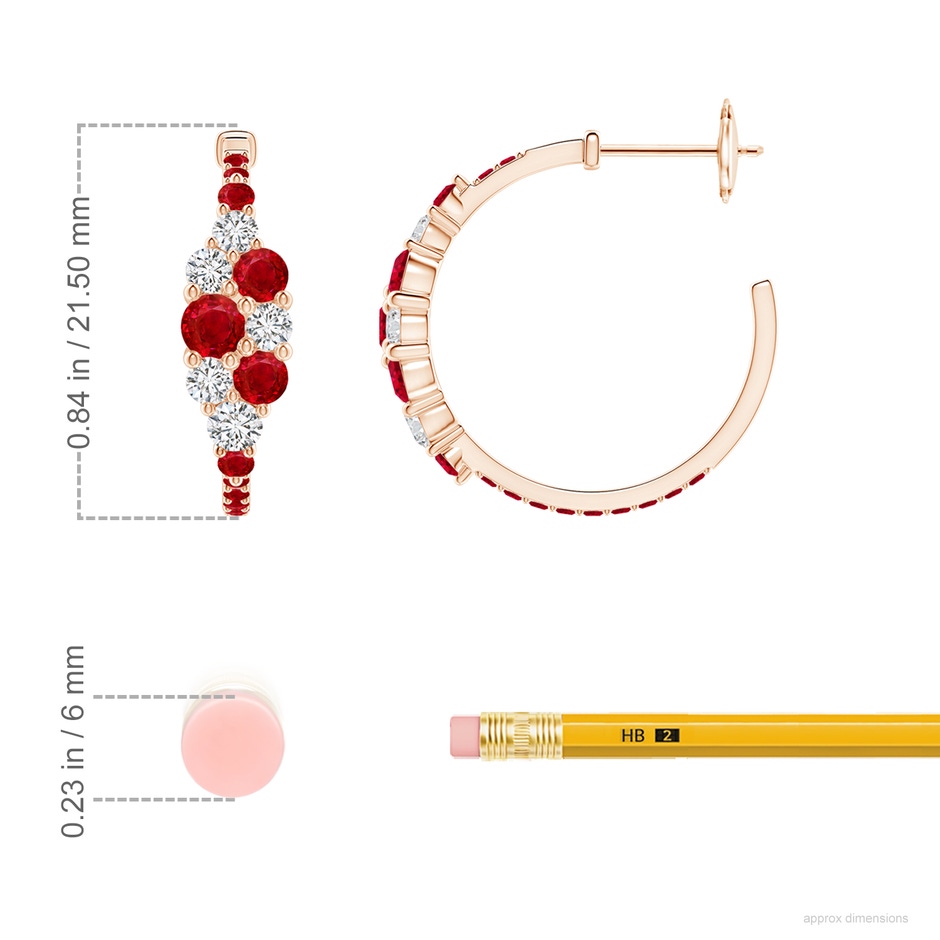 3.5mm AAA Ruby & Diamond Clustre Asymmetrical Hoop Earrings in Rose Gold ruler