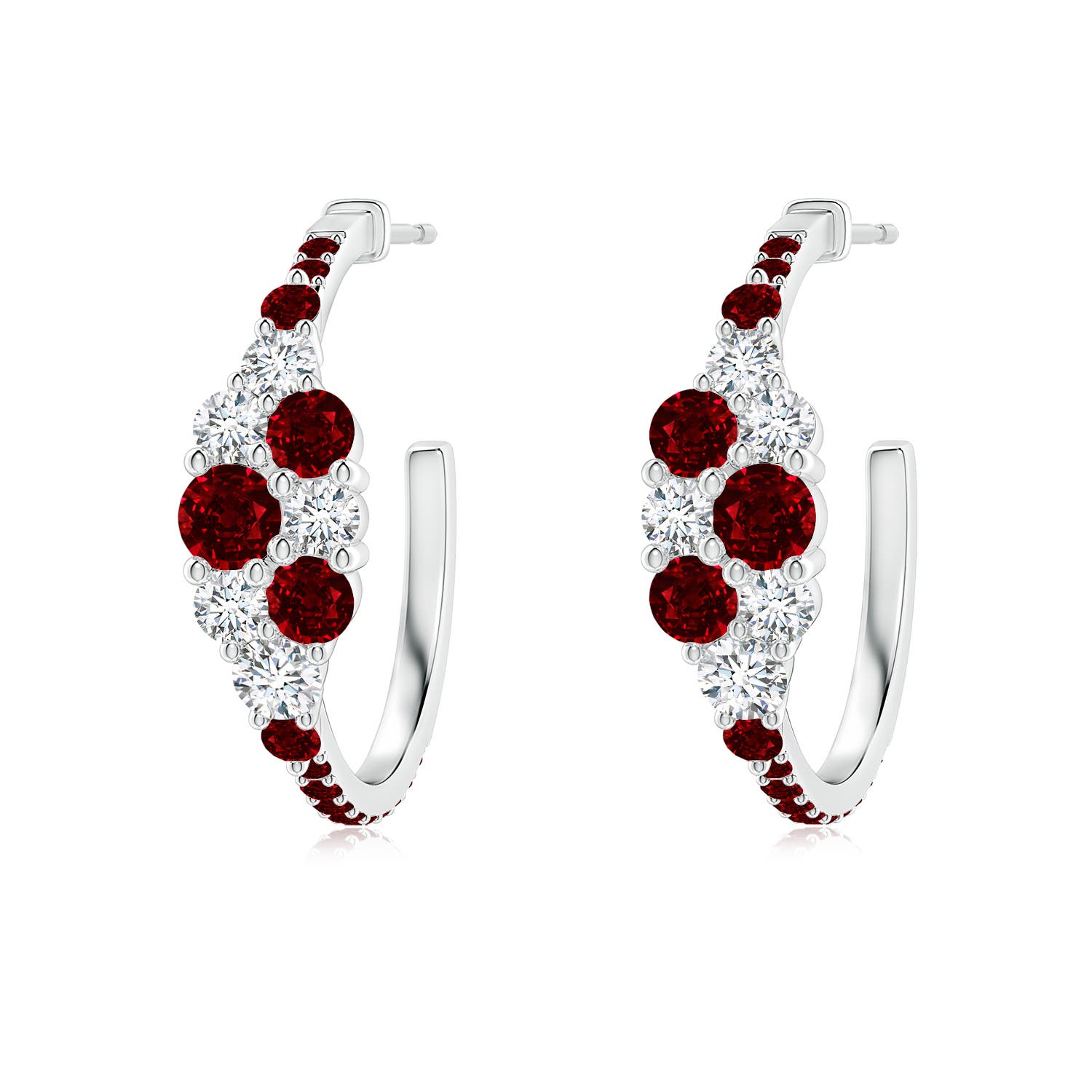 3.5mm AAAA Ruby & Diamond Cluster Asymmetrical Hoop Earrings in White Gold