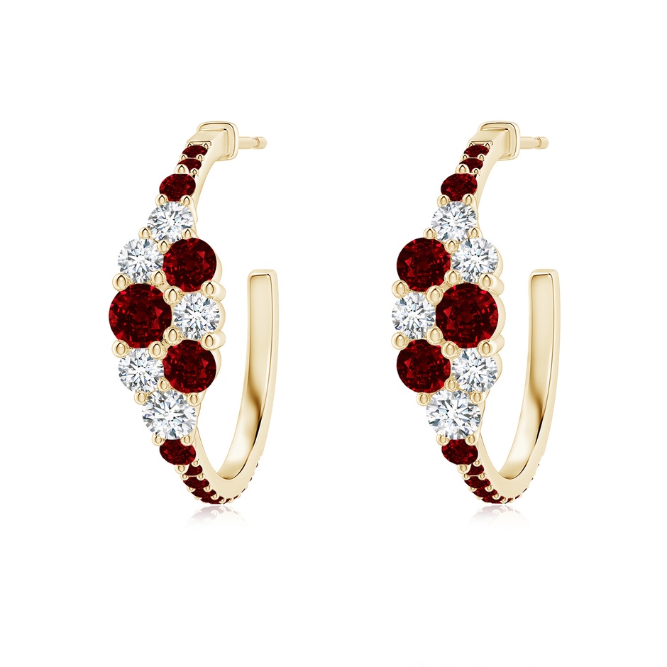 3.5mm AAAA Ruby & Diamond Cluster Asymmetrical Hoop Earrings in Yellow Gold 