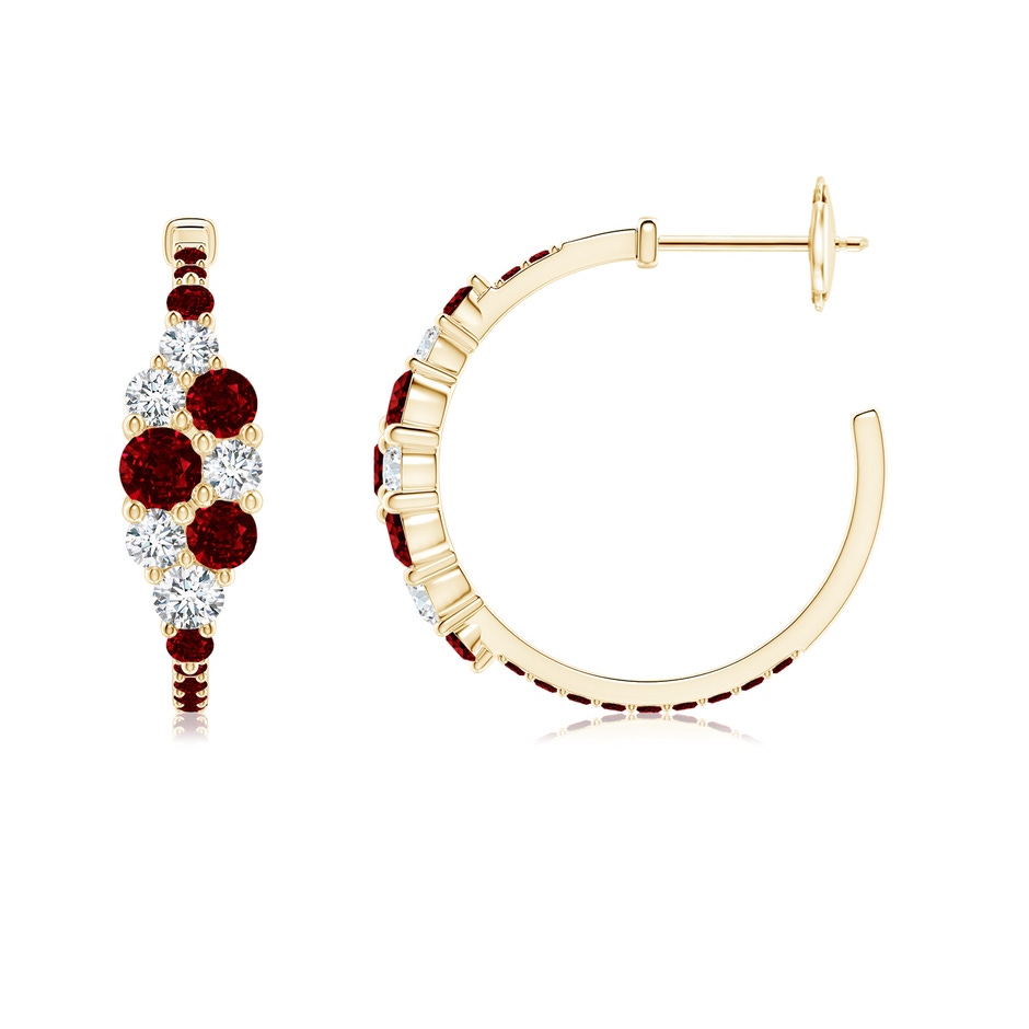 3.5mm AAAA Ruby & Diamond Cluster Asymmetrical Hoop Earrings in Yellow Gold side 199