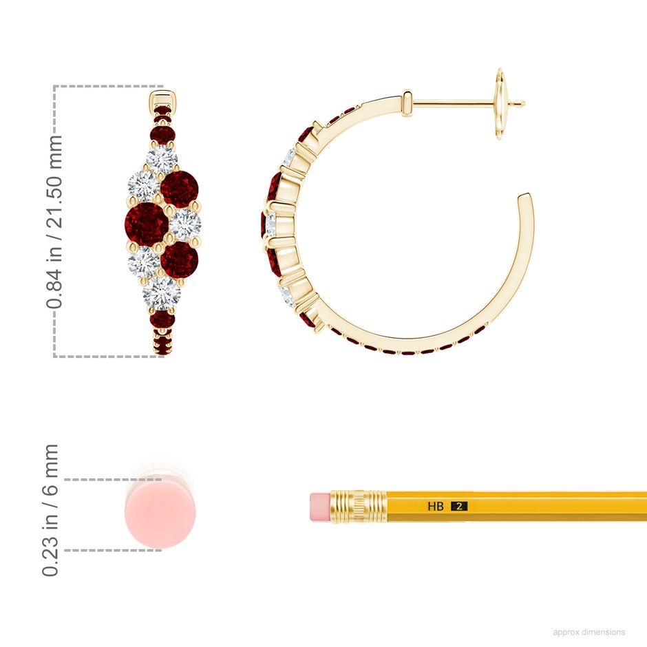 3.5mm AAAA Ruby & Diamond Cluster Asymmetrical Hoop Earrings in Yellow Gold ruler
