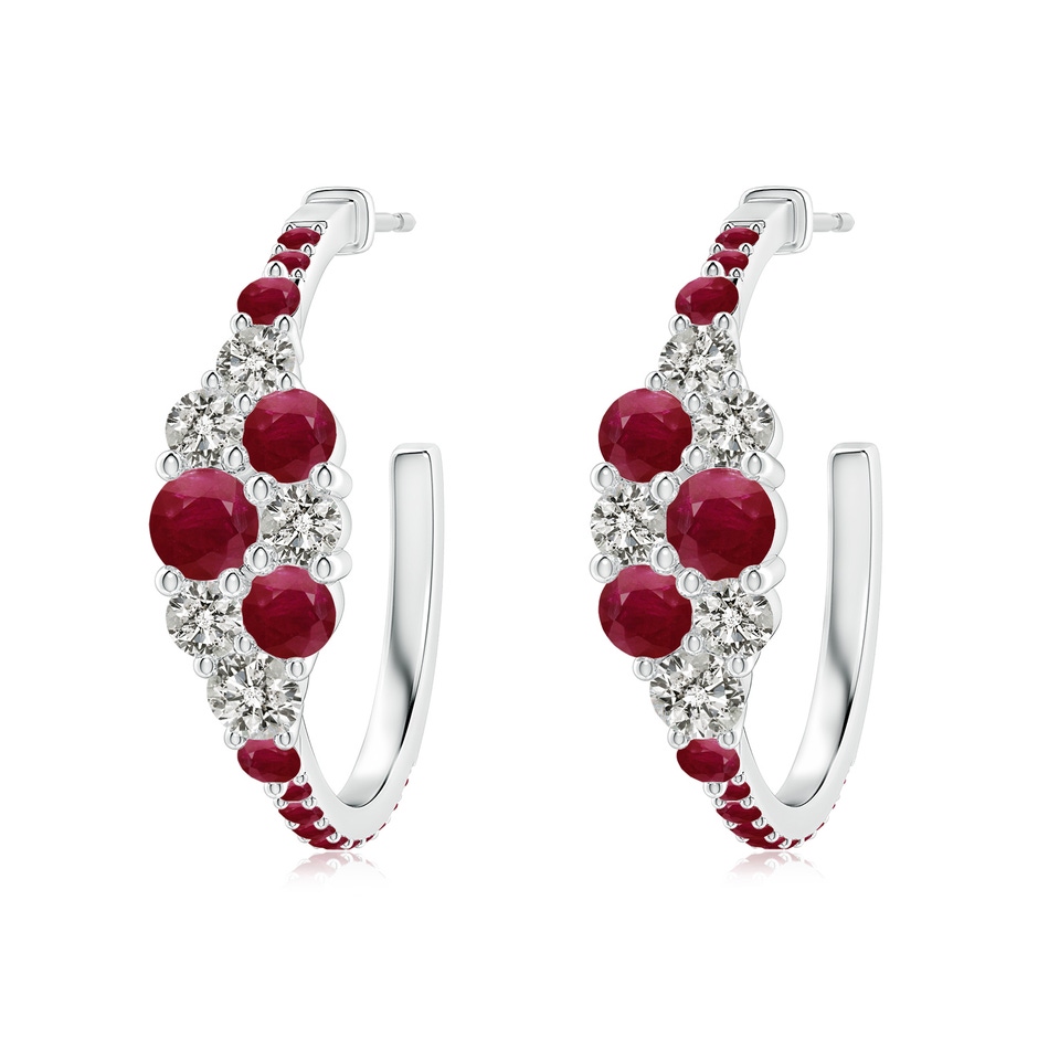 4mm A Ruby & Diamond Cluster Asymmetrical Hoop Earrings in White Gold 