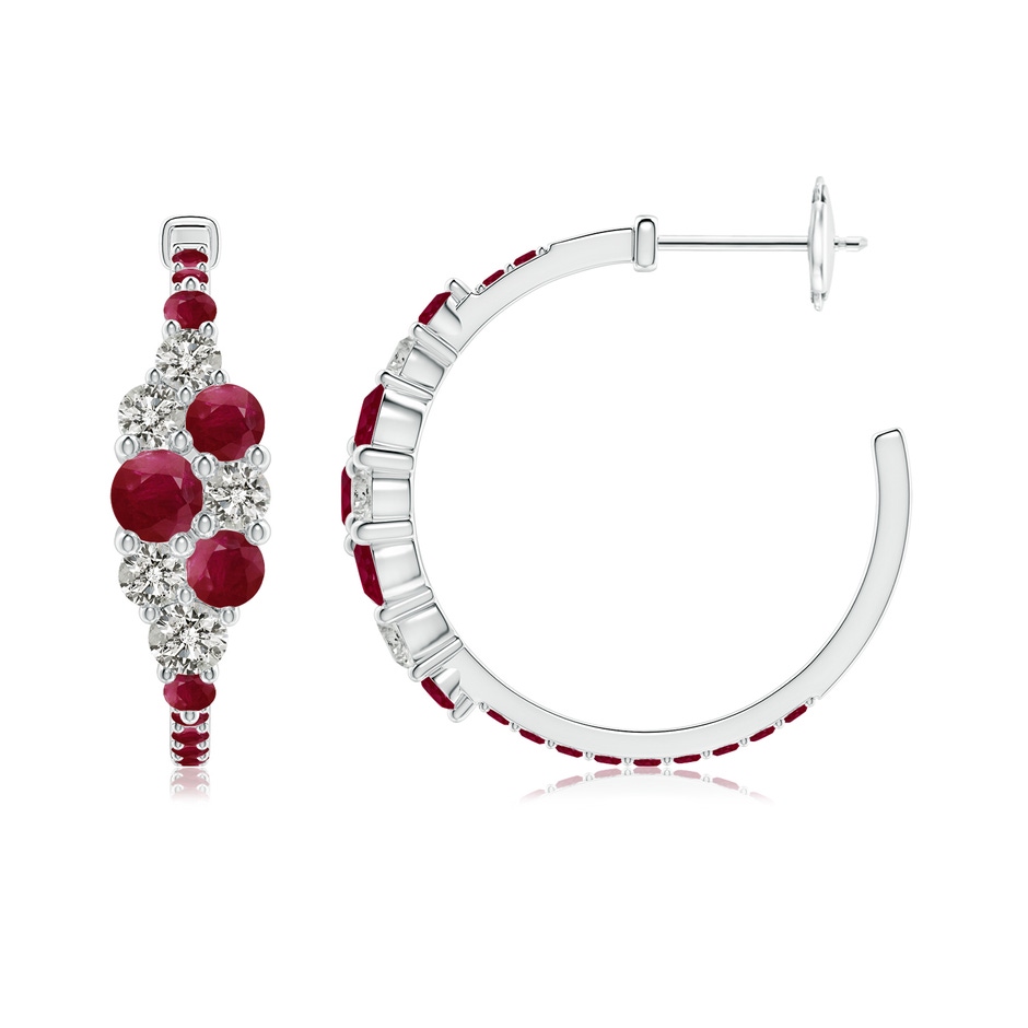4mm A Ruby & Diamond Cluster Asymmetrical Hoop Earrings in White Gold side 199
