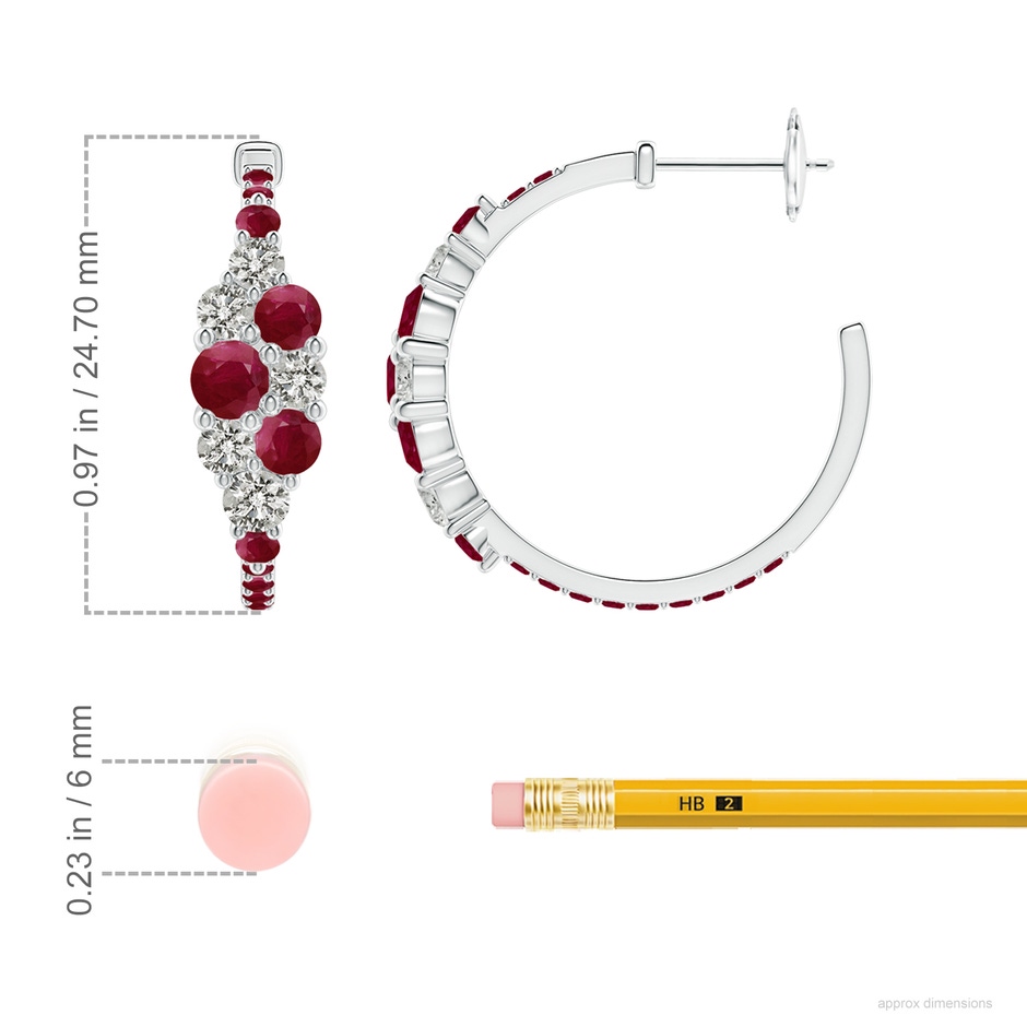 4mm A Ruby & Diamond Cluster Asymmetrical Hoop Earrings in White Gold ruler