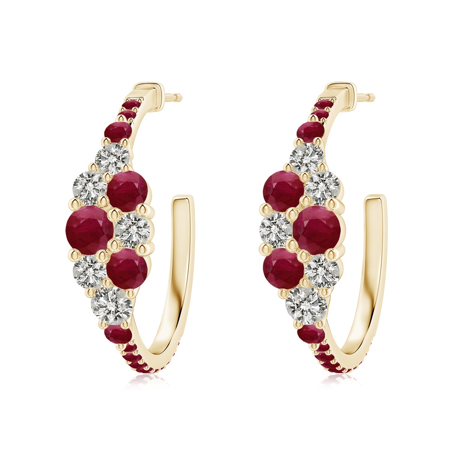 4mm A Ruby & Diamond Cluster Asymmetrical Hoop Earrings in Yellow Gold 